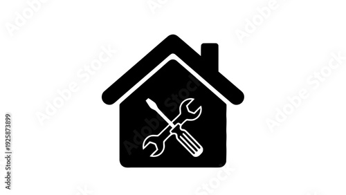 Vector illustration of black house icon with crossed screwdriver and wrench on on a transparent background