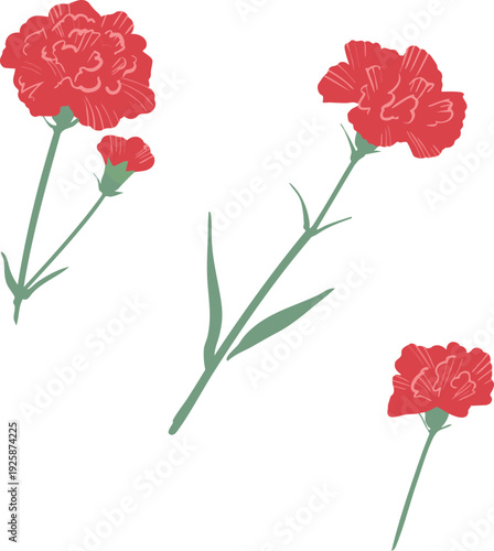 フラットな赤いカーネーション3本のベクターイラスト 母の日・花素材（横並び）