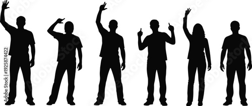 Black silhouette collection of diverse people in various poses on white background, group of men and women gesturing, waving, pointing, and celebrating success concept.