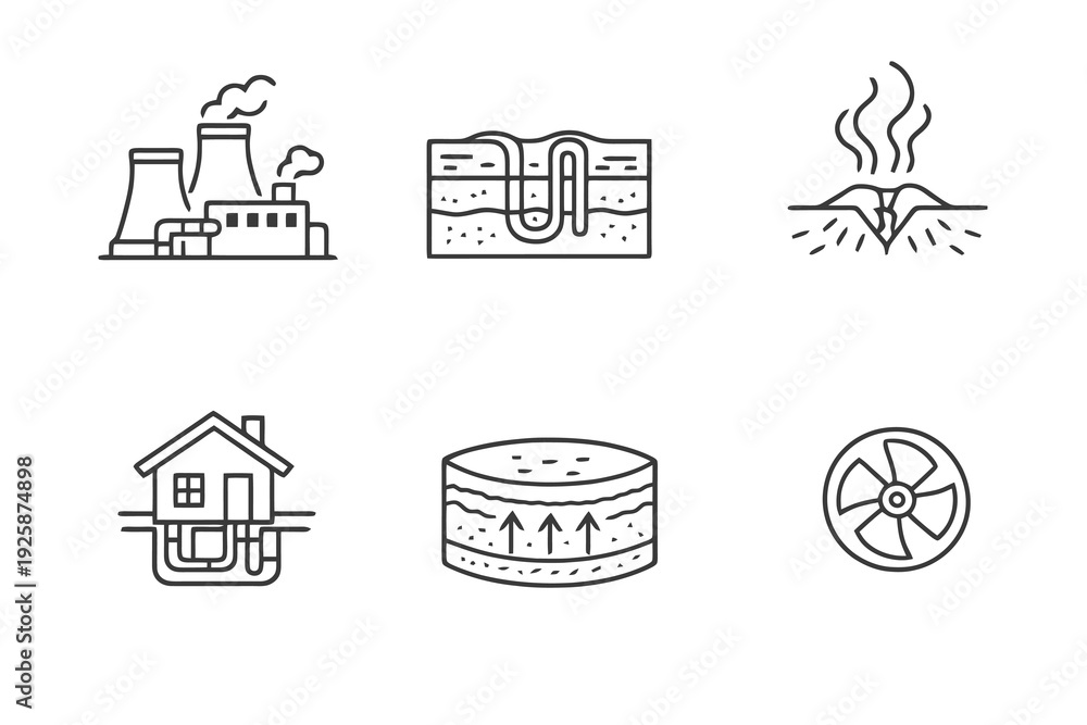 Obraz premium Geothermal power linear icon pack focused on underground heat systems. Monochromatic vector set ideal for green technology branding and clean energy projects.