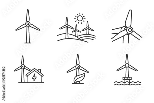 Wind power linear icon pack for sustainability projects. Monochromatic vector set ideal for green business, clean electricity and environmental branding.