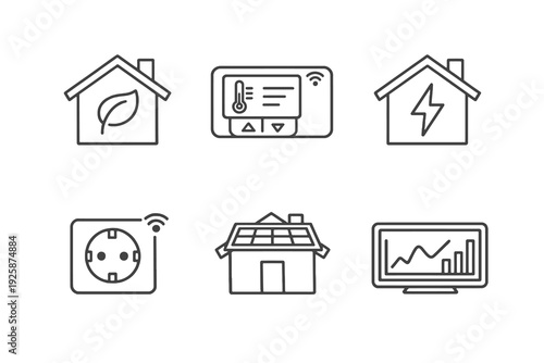 Smart home energy outline icon set. Monochrome editable stroke vector collection isolated on transparent background for energy efficiency and home automation design.