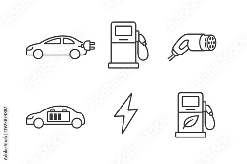 EV charging linear icon pack focused on sustainable transportation. Monochromatic vector set ideal for eco apps, smart city projects and renewable energy branding.