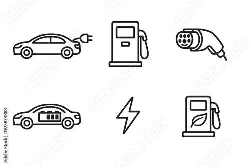 Electric vehicle charging outline icon set. Monochrome editable stroke vector collection isolated on transparent background for green mobility and clean transport design.