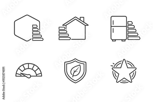 Efficiency label linear icon pack for green business and energy saving concepts. Monochromatic vector set ideal for environmental branding and compliance graphics.