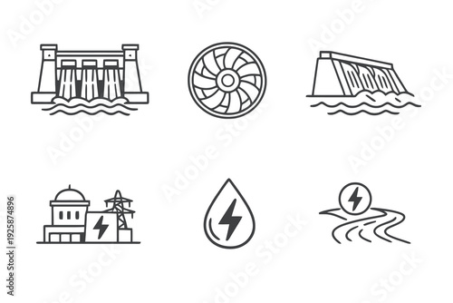 Hydroelectric energy outline icon set. Monochrome editable stroke vector collection isolated on transparent background for renewable power and sustainability design.