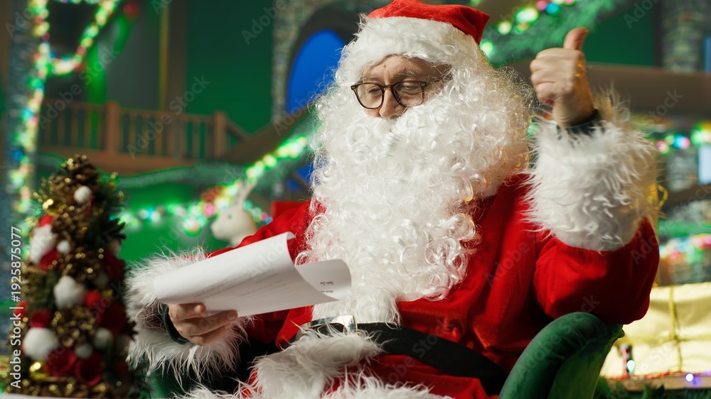 Fototapeta premium Santa Claus reading letters from kids in cozy Christmas set, showing thumbs up sign. Man doing positive hand gesture, looking at wish lists in Christmas backdrop filled with holiday props, camera A
