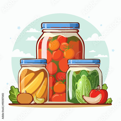Ilustración vectorial de frascos de conservas vegetales mixtas y escabeches, verduras visibles dentro del frasco