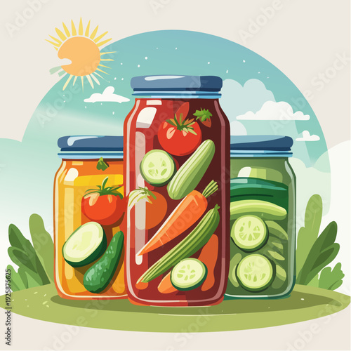 Ilustración vectorial de frascos de conservas vegetales mixtas y escabeches, verduras visibles dentro del frasco