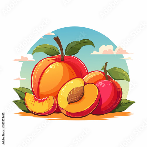 Ilustración vectorial de duraznos frescos y duraznos en almíbar dentro de frasco