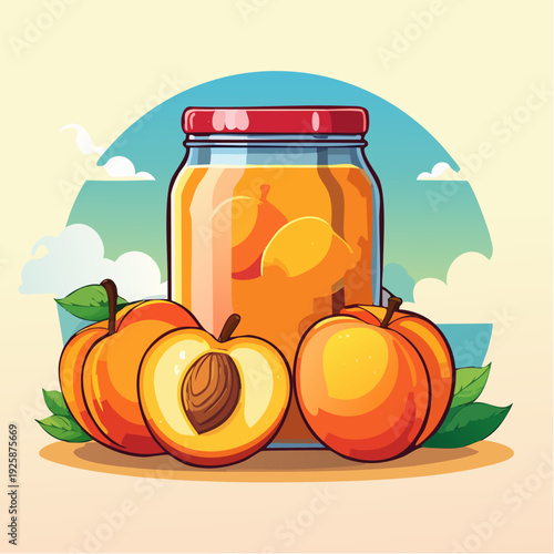 Ilustración vectorial de duraznos frescos y duraznos en almíbar dentro de frasco