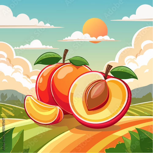 Ilustración vectorial de duraznos frescos y duraznos en almíbar dentro de frasco