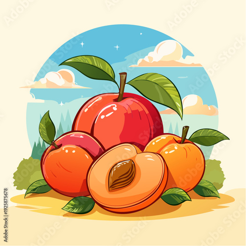 Ilustración vectorial de duraznos frescos y duraznos en almíbar dentro de frasco