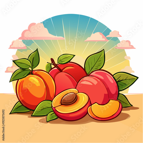 Ilustración vectorial de duraznos frescos y duraznos en almíbar dentro de frasco