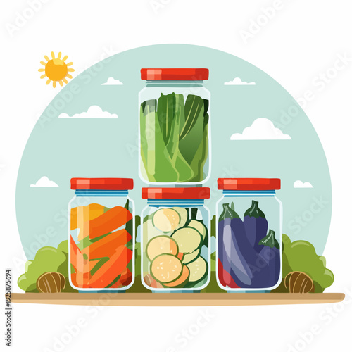 Ilustración vectorial de frascos de conservas vegetales mixtas y escabeches, verduras visibles dentro del frasco