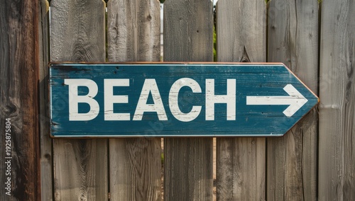 An arrow pointing to the beach on an inverted sign attached to a wooden fence