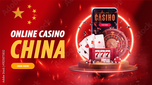 3D online casino banner for China market with mobile app, slot machine, roulette and poker cards on background with China flag. Gambling promotion template for betting website and digital marketing.