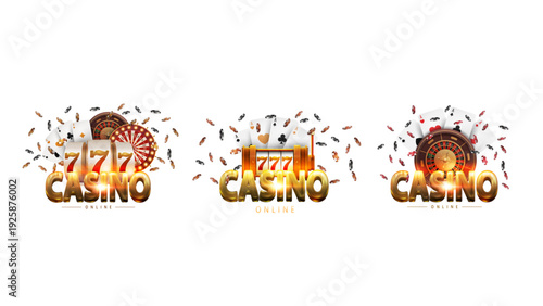 Collection of gold casino emblems isolated on white background. Online casino, casino logo, gambling concept of emblems