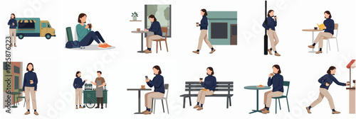 Flat Style Detailed Working Woman Character at Desk Illustration Set
