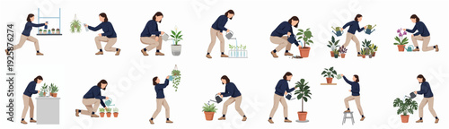 Flat Style Illustration Set of Woman Gardening and Caring for Plants