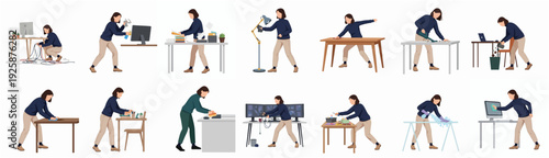 Flat Style Diverse Woman Activity at Desk, Cleaning and Working Illustration