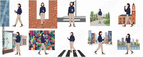 Flat Style Walking Woman Holding Coffee Cup in Various Cityscape