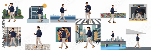 Flat Style Man Walking with Drink in Various City Backgrounds