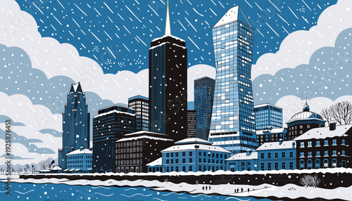 Urban Skyline Waterfront View Covered in Falling Snow and Winter Weather in Downtown Area minneapolis skyline vector