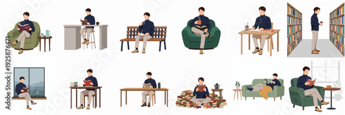 Flat Style Diverse Reader Character Reading Book at Various Location Illustration