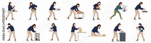 Diverse Flat Character Female Preparing Food and Cleaning in Various Poses Illustration