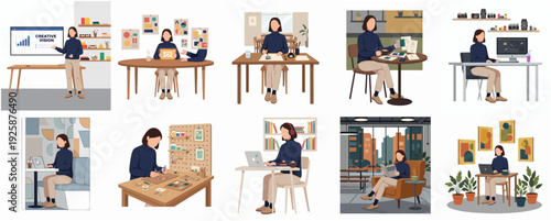 Minimalist Flat Illustration Set of Woman Working in Different Home Offices
