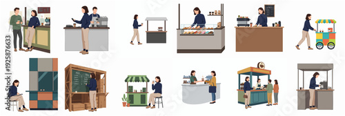 Flat Illustration of Various Small Business Booths and People Engaging in Commerce