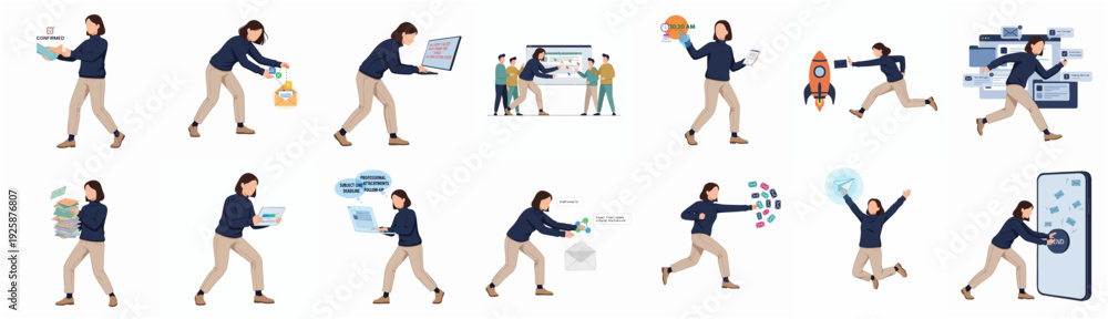 Fototapeta premium Minimalist Style Diverse Woman Actions with Technology and Business Concept Illustration