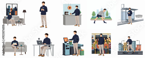 Flat Style Diverse Activities of Young Man Lifestyle Illustration Set