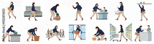 Flat Style Detailed Shopper In Different Situation And Action Illustration