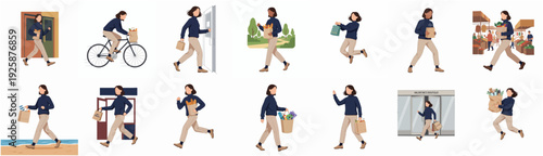 Illustrated Diverse Woman Delivering Packages and Groceries in Various Urban Scenarios Lifestyle