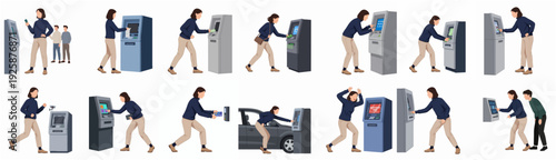 Diverse Poses of a Woman Interacting with an ATM Machine Illustration Set