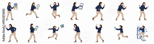 Flat Illustration Set of Woman Holding Smartphone in Various Actions and Poses
