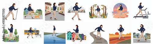 Illustrated Woman Walking in Various Locations and Activities Scenes Collection