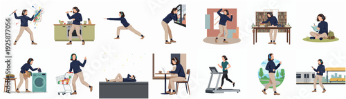 Flat Illustration of Woman Doing Daily Activity at Home and Outdoors