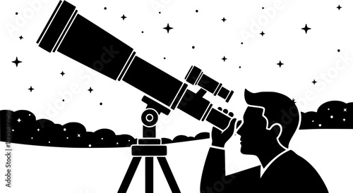 Monochrome illustration of a man observing the stars with a tele
