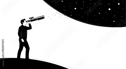 Monochrome illustration of a man observing the stars with a tele
