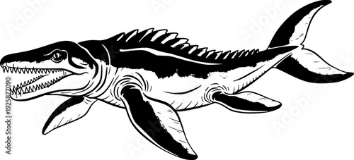 Elegant depiction of Liopleurodon in minimalist ink wash illustr
