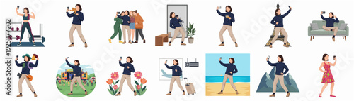 Diverse Flat Illustration of Woman Taking Selfie in Different Location