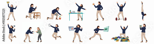 Flat Illustration of Woman in Various Activities Isolated on White Background