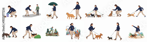 Simple Flat Illustration Set of People Walking, Playing and Taking Care of Dogs