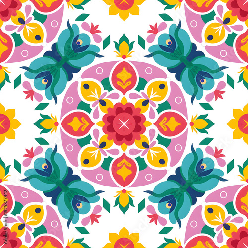 vector seamless repeating rangoli pattern in flat vector style. The design features symmetrical geometric shapes, floral motifs, peacocks, lotus flowers, and traditional oil lamps (divas).