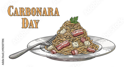 Delicious Carbonara Pasta on White Plate.