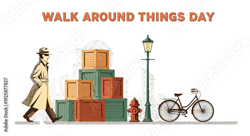 Man Walking Past Stacked Boxes and Bicycle.