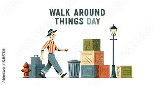 Man Walking Past Trash Cans and Boxes.